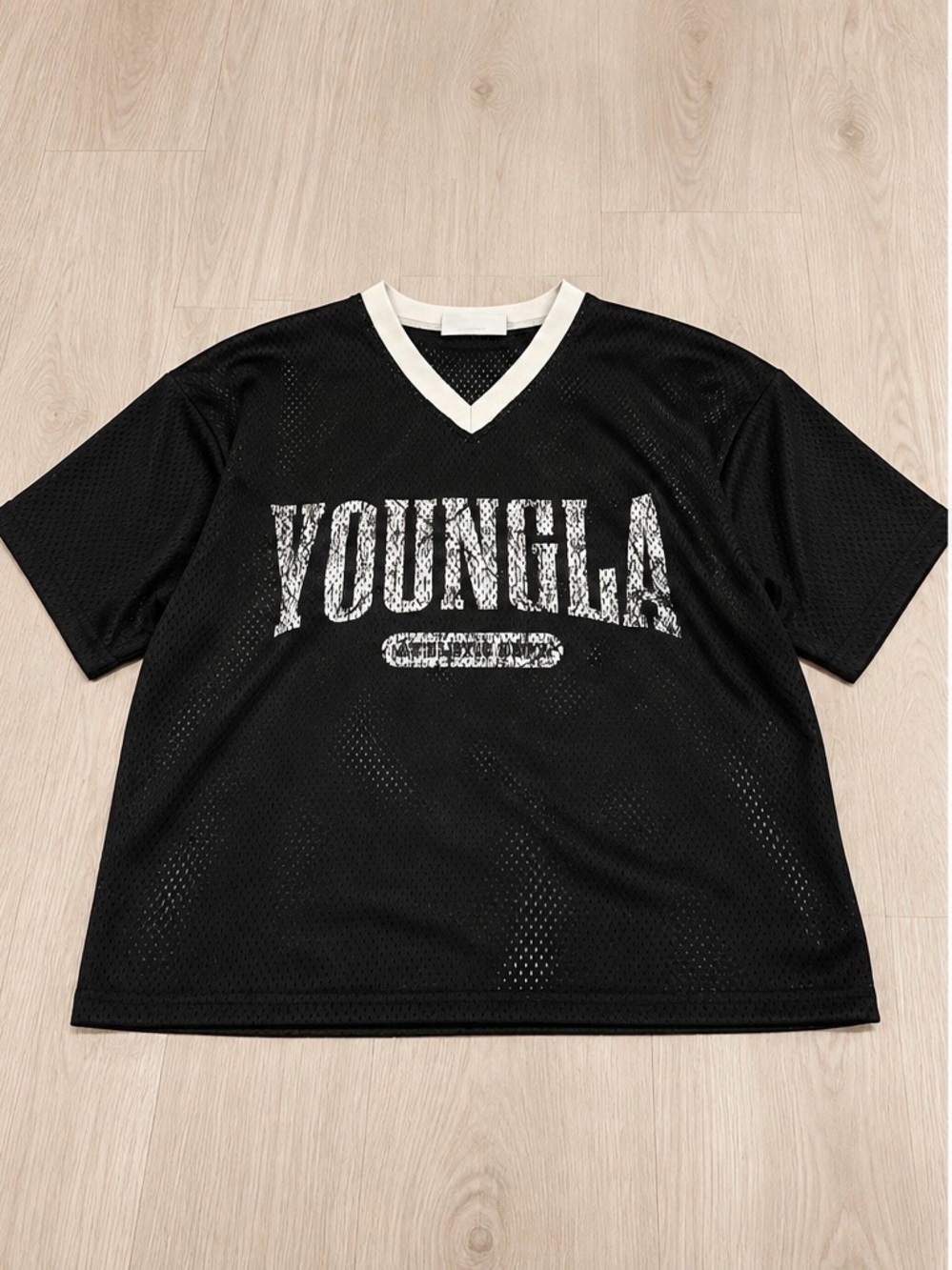 YoungLA Black Mesh V-Neck Jersey with White Graphic